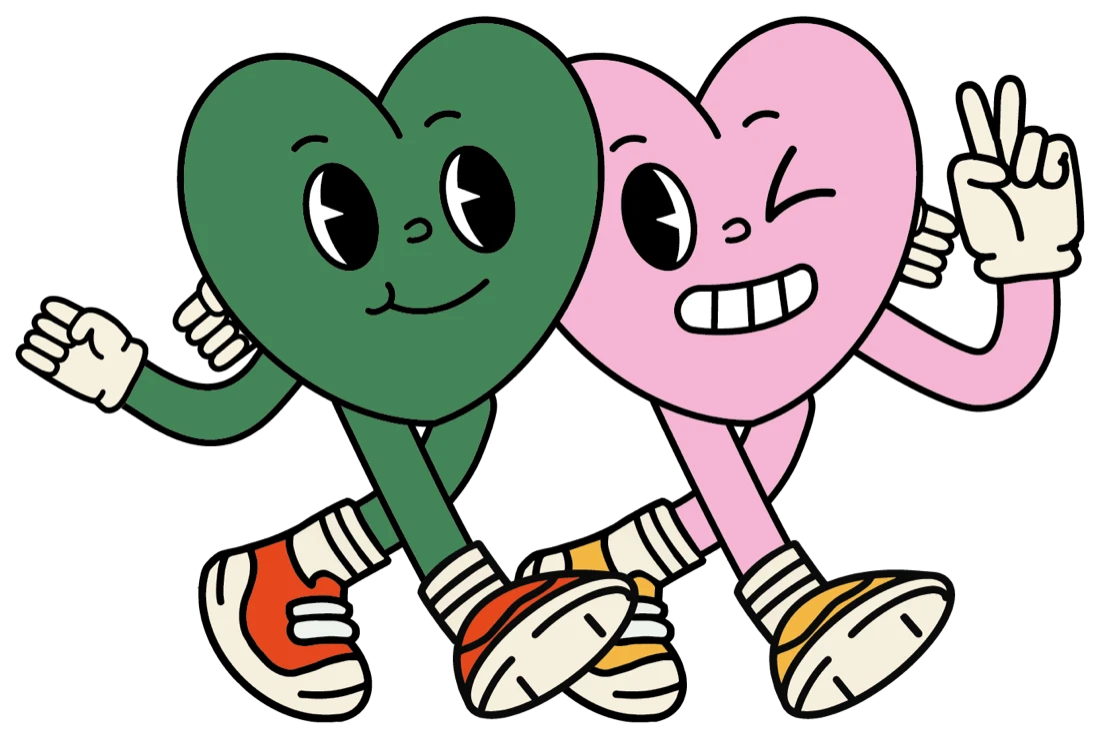 Les mascottes du club : deux cœurs en baskets, un vert et un rose, qui marchent bras dessus bras dessous en faisant le V de la victoire