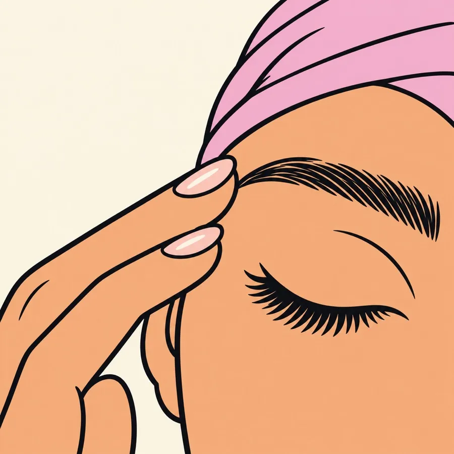 Illustration : une femme coiffée d’un turban rose, les yeux fermés, effleure son sourcil