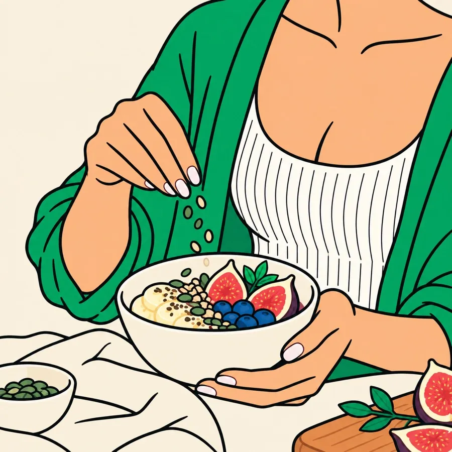 Illustration : une femme en gilet vert parsème de graines un bol de fruits